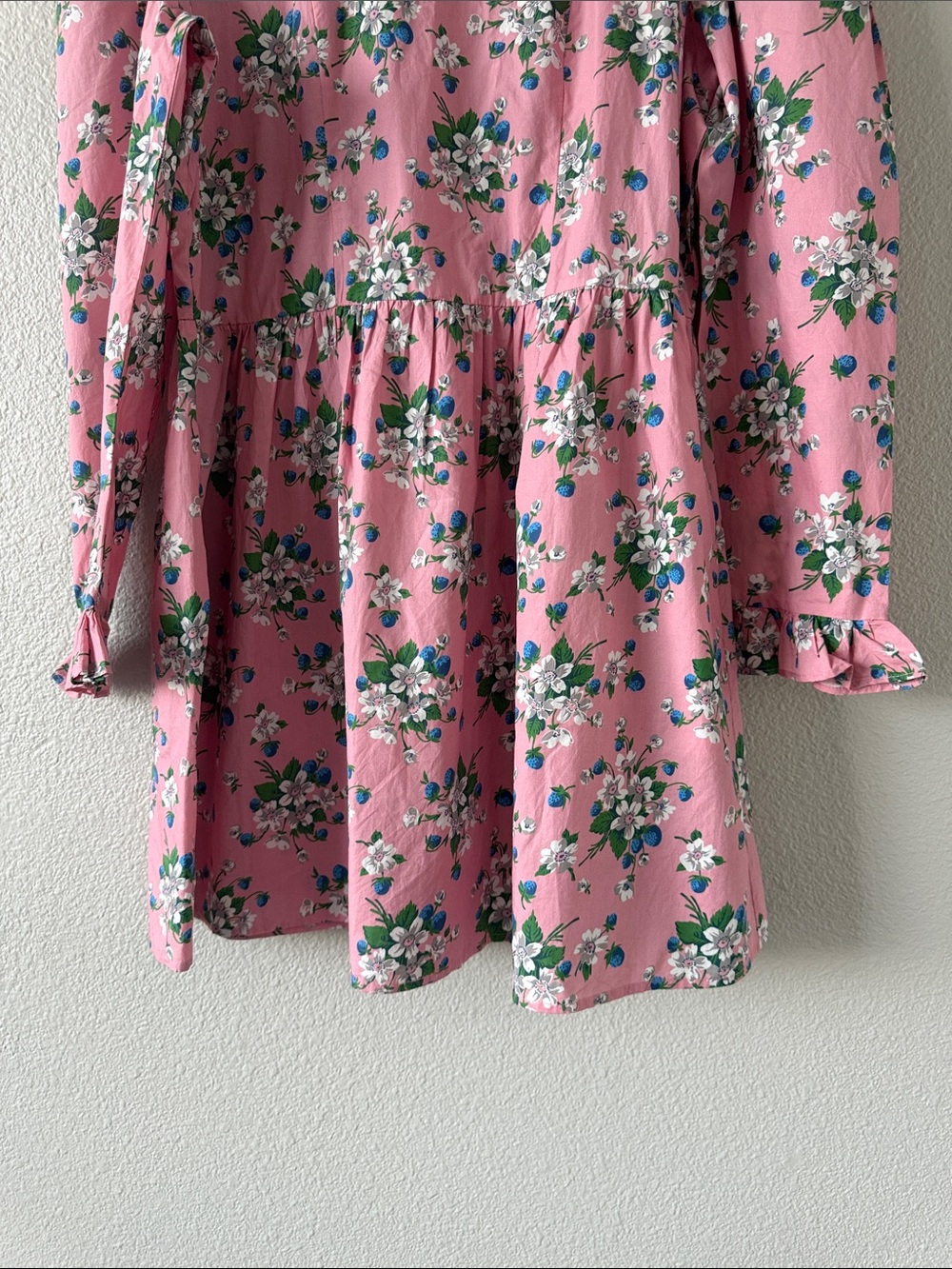 Batsheva Collarless Prairie Mini Dress Pink Lily Floral Cotton Puff Sleeve 18 - Picture 4 of 16